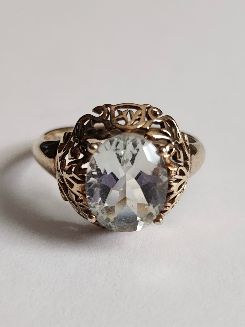 Goldtone Filigree Ring with Oval Prehnite Gemstone 925 Sterling Size 10